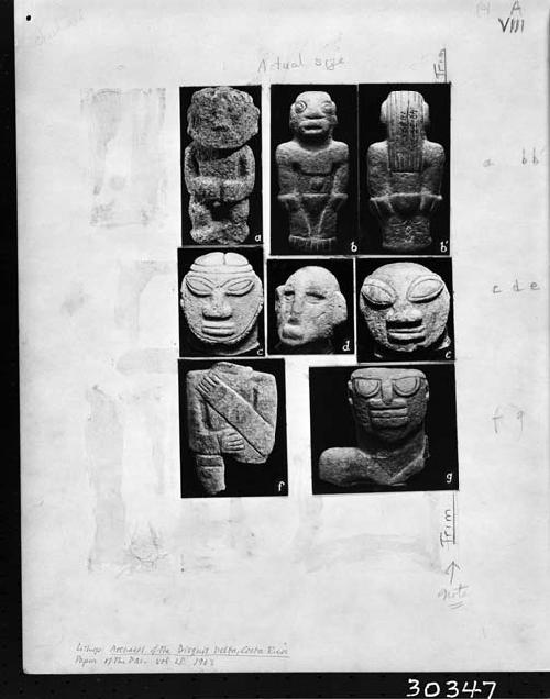 Stone sculptures of heads, male figure and headless torso