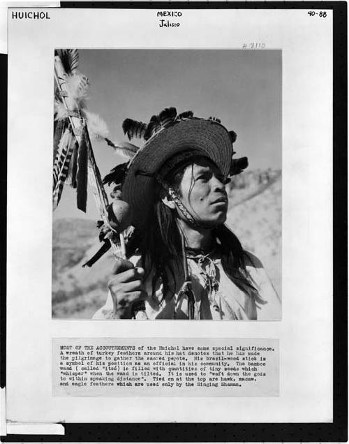 Photo of singing shaman with accoutrements (Peyote ritual)