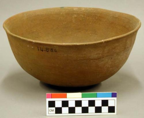 Ceramic bowl, red clay, slight flared rim, micaceous slip.