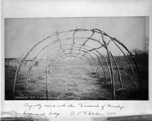 Reproduction of frame of longhouse -- originally covered with skin -- framework of Winnebago ceremonial lodge