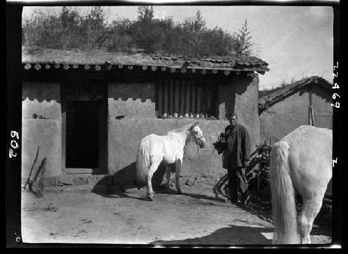 Horses and man outside building