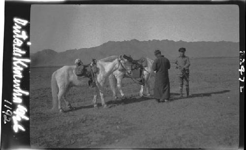 Two men standing next to horses