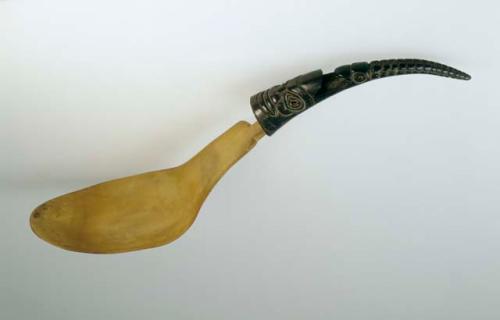 Ceremonial or shaman spoon or ladle depicting a war helmet and an octopus.