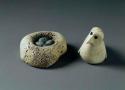 Bone carving - owl and nest with 4 stone eggs in nest