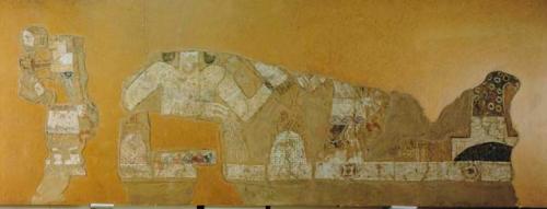 Mural painting (remounted original stripping). Central female figure wears dress