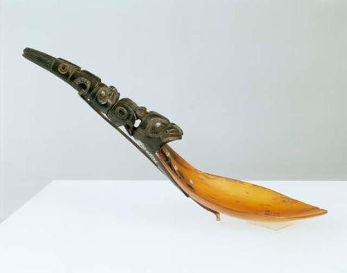 Ceremonial horn spoon depicting a frog, a hawk, and possibly a dragonfly.