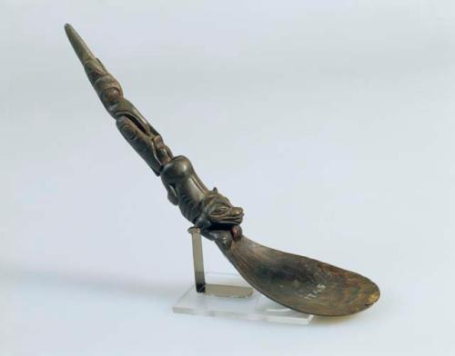 Mountain goat horn spoon depicting a land otter and raven