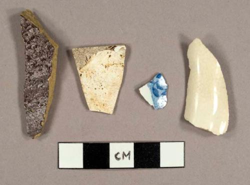 Miscellaneous earthenware sherds, including creamware, blue transfer print, and brown transfer print