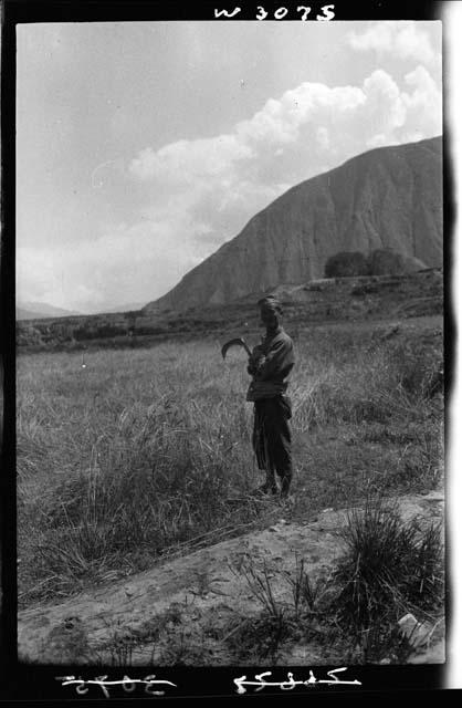 Man stands by field with reaping hook