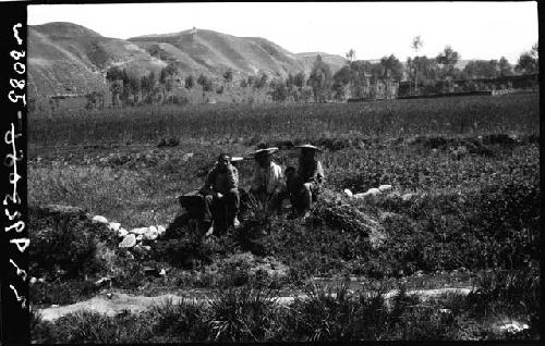 People seated on rock in field