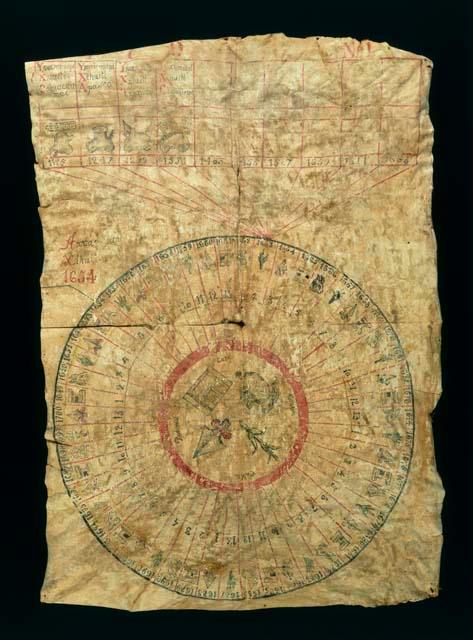 Manuscript on parchment. Reproduction of the Veytia calender wheel#1. Dated 1654