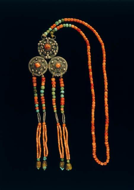 Breast ornament, 2 plates of silver, coral and jade