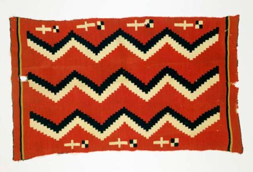 Serape, vertical layout. Wool: red background, three vertical stepped zigzags