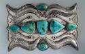 Belt buckle, large rectangular silver buckle set with 7 turquoise stones, twiste