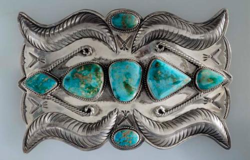 Belt buckle, large rectangular silver buckle set with 7 turquoise stones, twiste