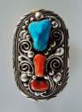 Belt buckle, small oval buckle with a deeply grooved rim, a turquoise nugget & 2