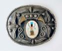Belt buckle, a large oxidized silver buckle with a rolled, grooved rim, a mother