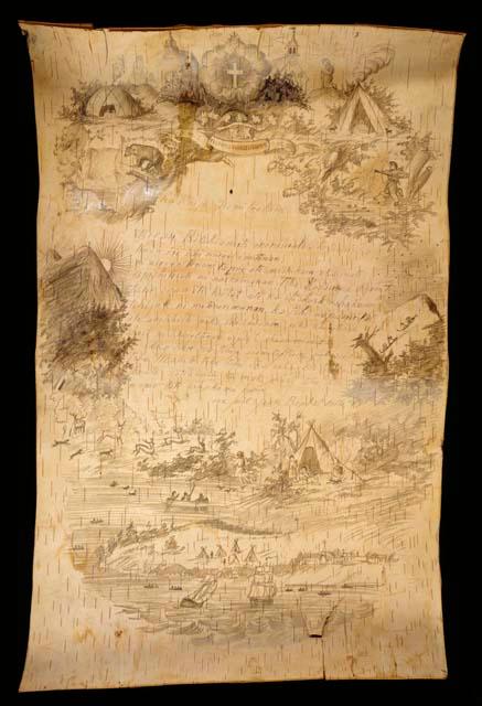 Birchbark scroll, with scenic border (pencilled) of scenes of native life & eccl