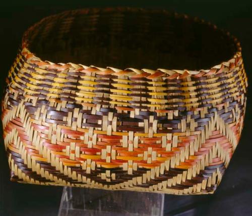 Basket--design of yellow, orange, black; technique: diagonal and fancy twill wea