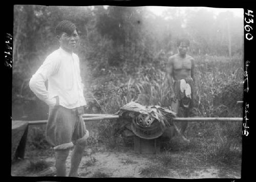 Men stand by object outside