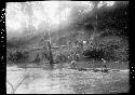 People and boats along river