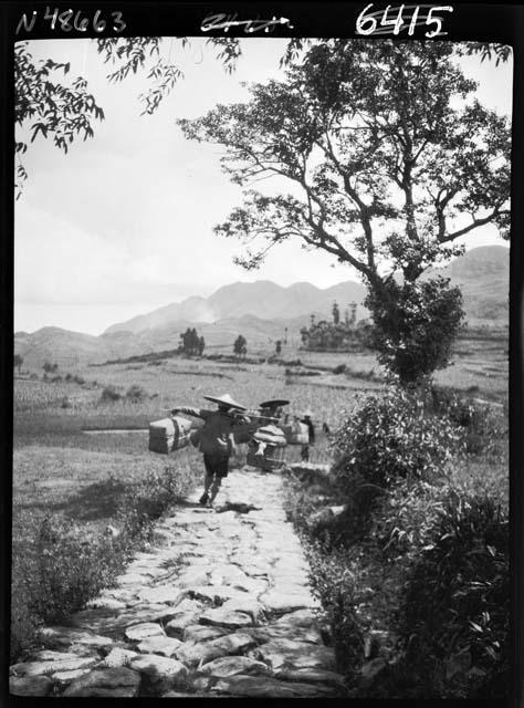 Person carrying baskets down road