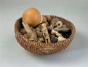 Divination basket on gourd base containing 54 items of assorted materials