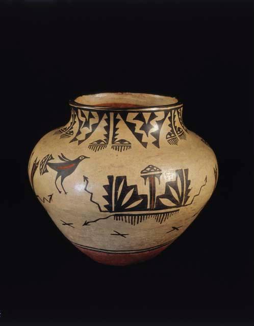 Polychrome-on-off white olla: raincloud and bird motifs