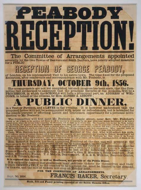 Broadside, George Peabody Reception (Danvers, MA), October 9, 1856