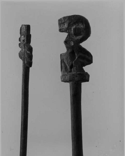 1. Wood pick-up stick with carved end; 2. Carved heddle bar