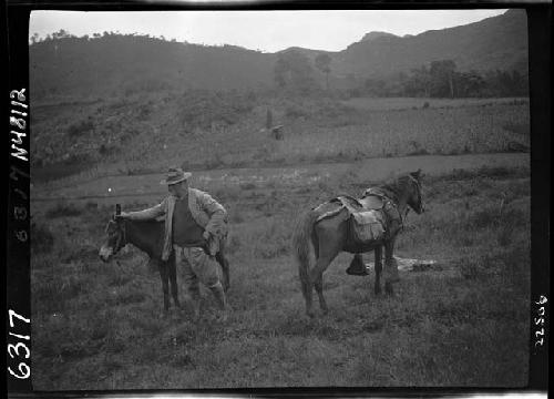 Man standing with two horses