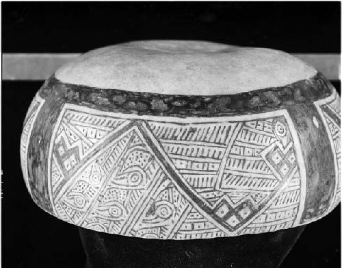 Gourd bowl/ with bird and geometric motifs./ Pyroengraved