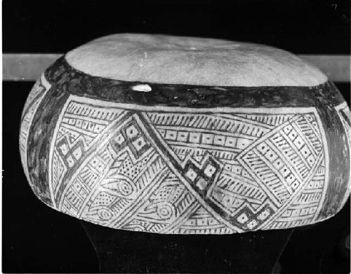 Gourd bowl/ with bird and geometric motifs./ Pyroengraved