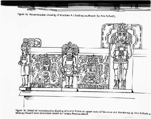 Fig. 16. Peabody Museum Memoirs. Vol. 15. Detail of reconstruction drawing of stucco frieze on upper zone of structure A-3.