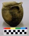 Ceramic vessel, 2 handles, flared rim, cord impressed body, shell temper.