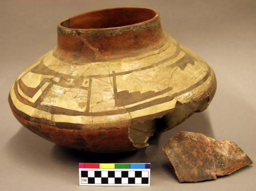 Large polychrome jar with geometric paint, some sherds inside