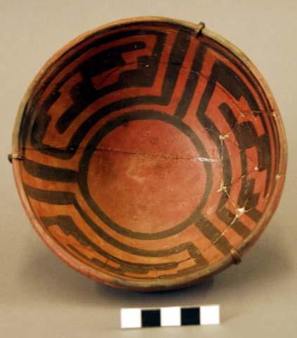 Pottery bowl - black on red, geometric design on inside