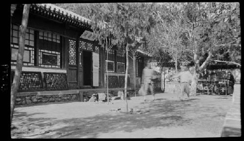 People walking on path in front of building