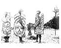 Men carrying painted wood shields