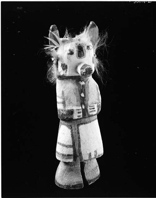 Katsina doll "Koona." Chipmunk racer Katsina, "badger." Wood. Painted and feathered.