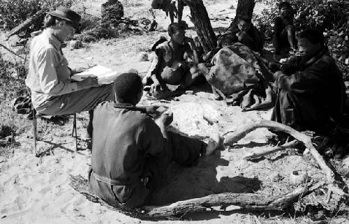 Group of people being interviewed by Lorna Marshall, with Kernel Ledimo and Dabe interpreting