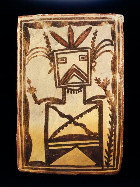 Tile, polacca polychrome style d. kachina & clown design. 14.8 x 10.0 cm.