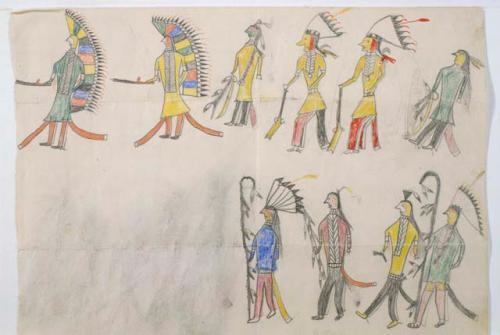 Colored drawing of Sioux in various garb, one riding a horse.