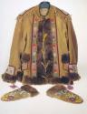 Beaded jacket of leather with fur mittens and belt (beaded mittens attached)