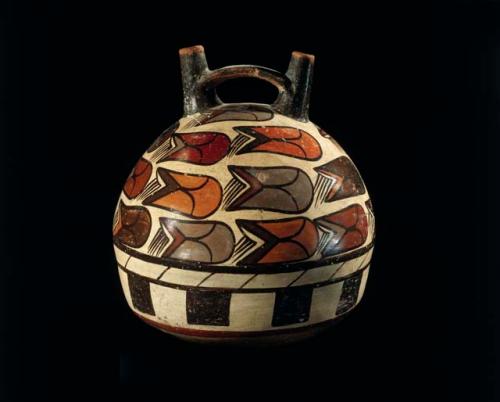 Double spout bottle painted in polychrome with rows of ears of maize