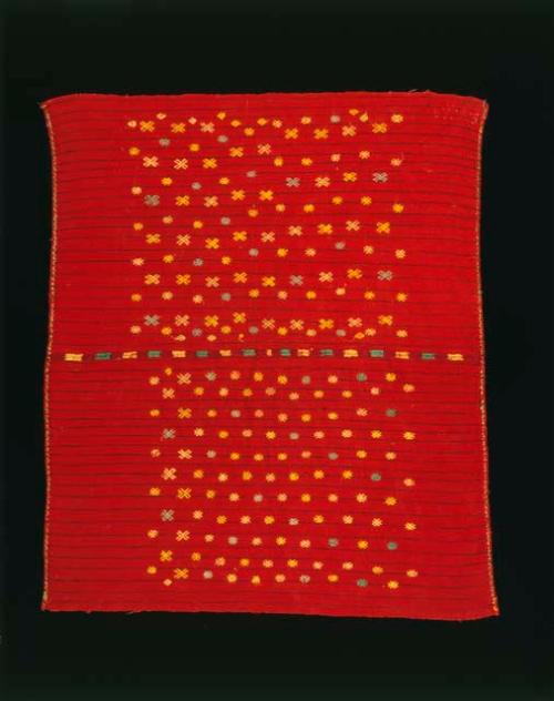 Tzute embroidered headcloth for a man, red with yellow, blue, white design