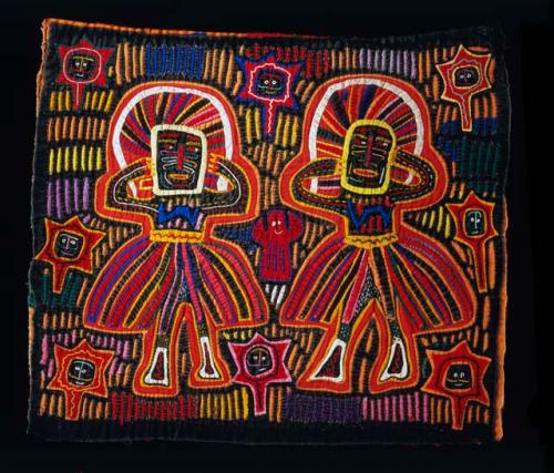 Primarily black mola depicting African masked dancers