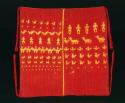 Tzute embroidered headcloth for a woman, red with blue stripes and animal motif