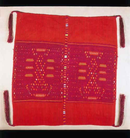 Tzute embroidered headcloth for a man, red with purple design motif