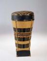 Cylindrical bamboo basket with cover; black & red decoration